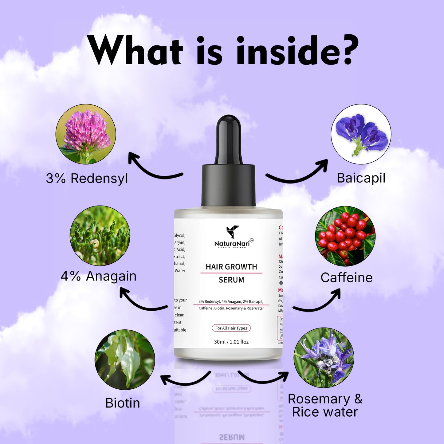 Hair Growth Serum with 3% Redensyl, 4% Anagain, 2% Baicapil | For All Hair Types | 30 ml