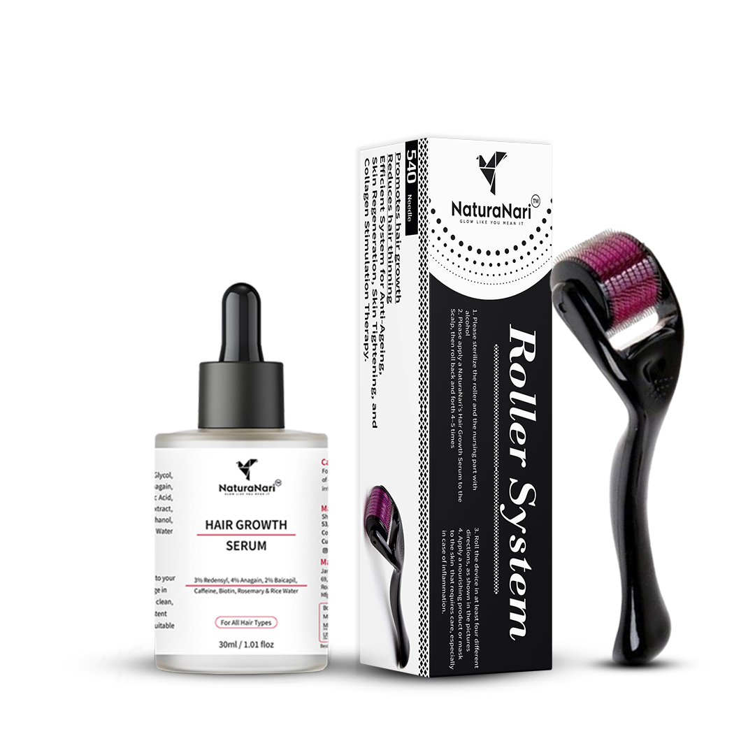 NaturaNari Hair Growth Kit | Hair Growth Serum (30 ml) & Roller (540 Titanium Needles – 0.5mm)
