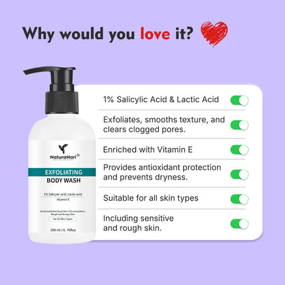 NaturaNari Exfoliating Body Wash with 1% Salicylic Acid, Lactic Acid, and Vitamin E  | 200 ml