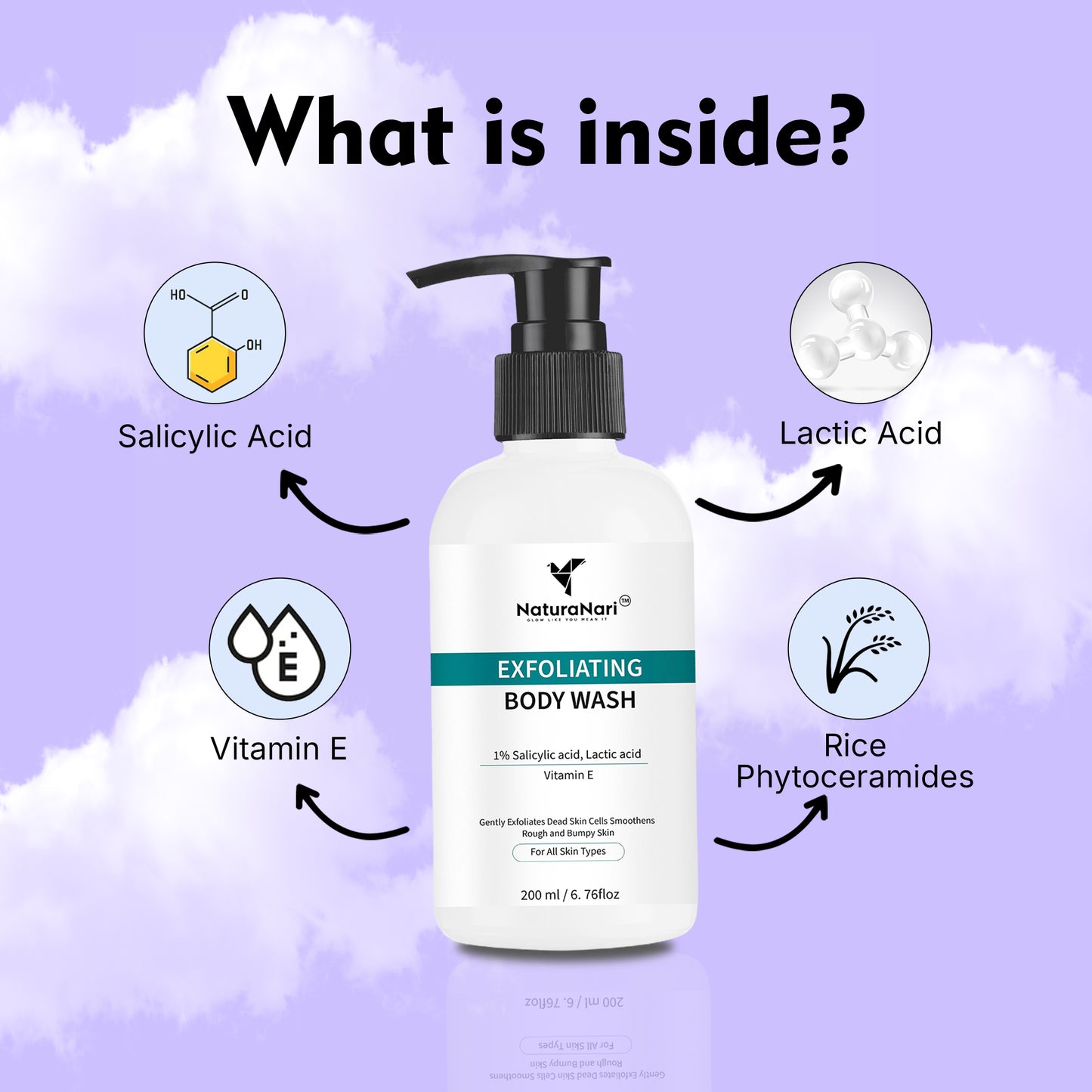 NaturaNari Exfoliating Body Wash with 1% Salicylic Acid, Lactic Acid, and Vitamin E  | 200 ml