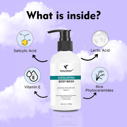 NaturaNari Exfoliating Body Wash with 1% Salicylic Acid, Lactic Acid, and Vitamin E  | 200 ml