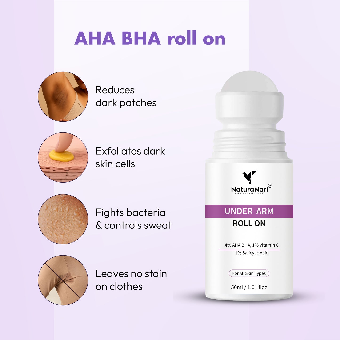 Under Arm Roll-On with AHA BHA, Vitamin C & Salicylic Acid | Brightens Dark Underarms, Reduces Odour & Bumps | For All Skin Types