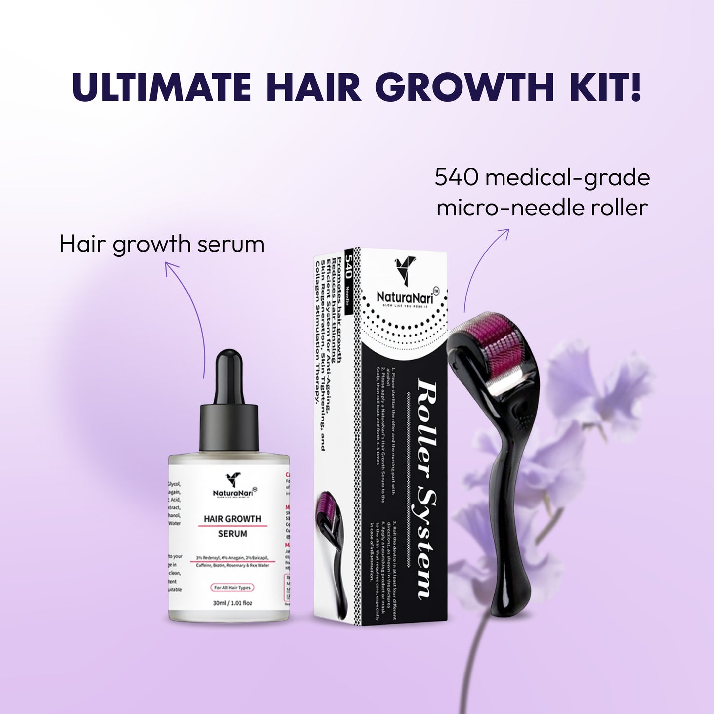 NaturaNari Hair Growth Kit | Hair Growth Serum (30 ml) & Roller (540 Titanium Needles – 0.5mm)